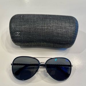 Chanel Black Leather and Metal Aviator Polarized Sunglasses 100% Authentic